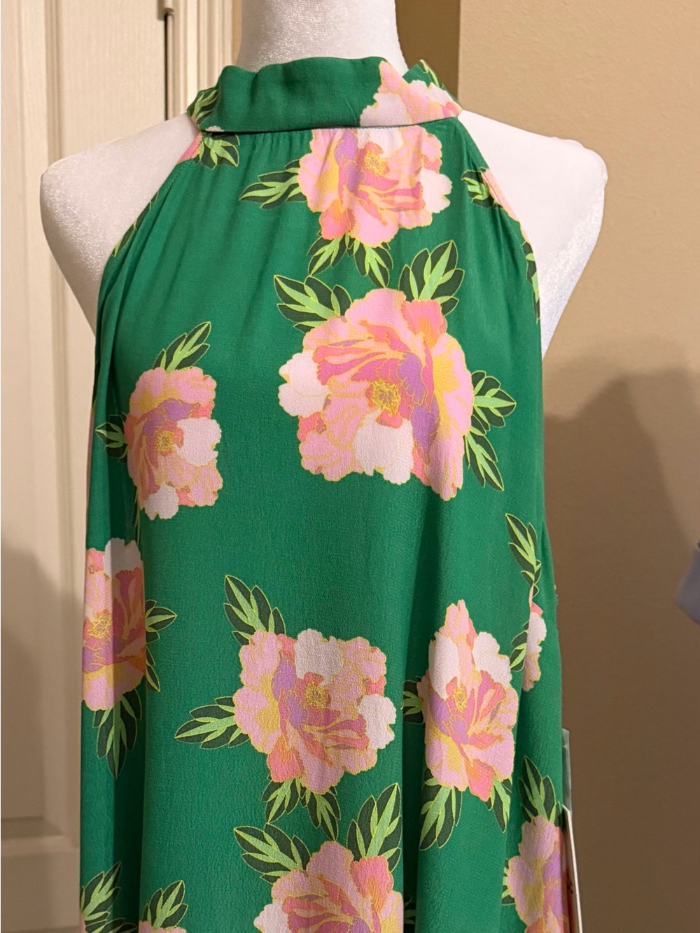 CeCe Green Floral Halter Dress with Pink Blooms